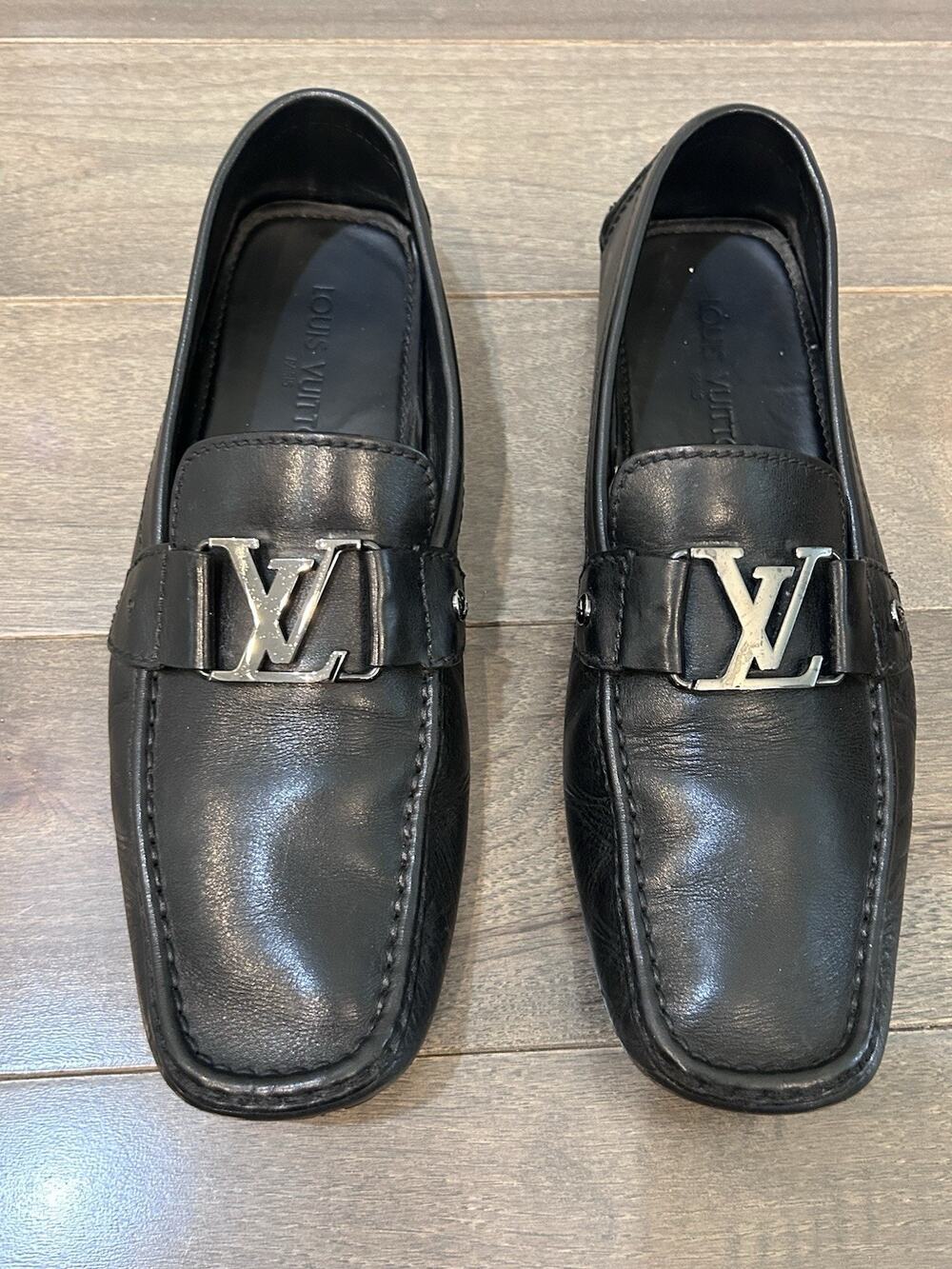 LOUIS VUITTON MONTE CARLO MOCCASIN BLACK LEATHER MEN'S LOAFERS DRIVERS SZ LV 9.5